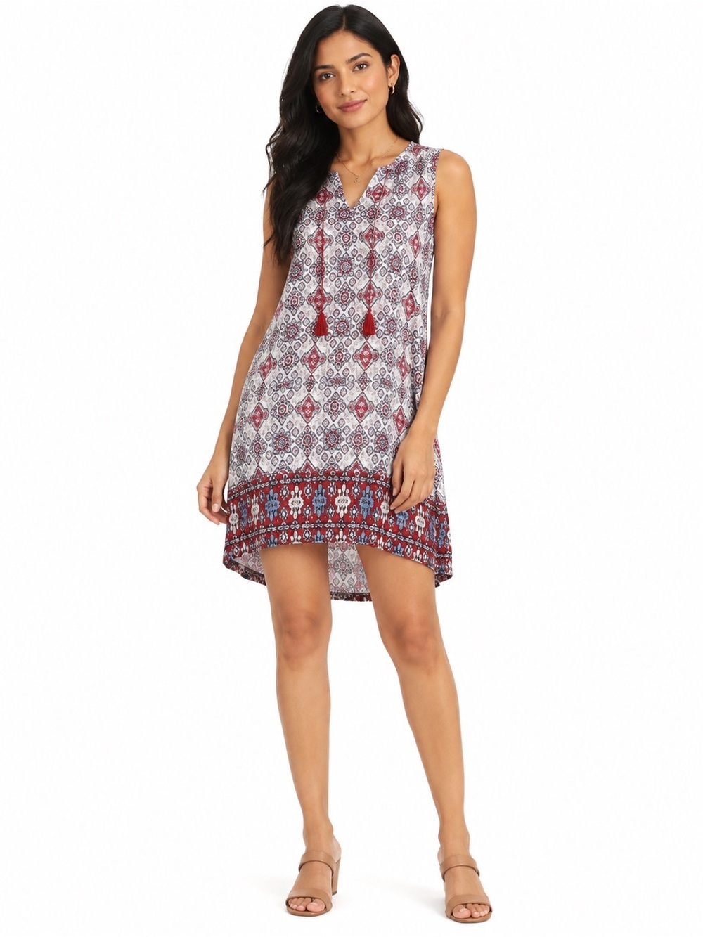Beachlunchlounge Sleeveless V-Neck Tassel Patterned Shift Dress Size S